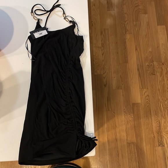 Black halter slit midi dress with gold chain detail - Picture 2 of 2